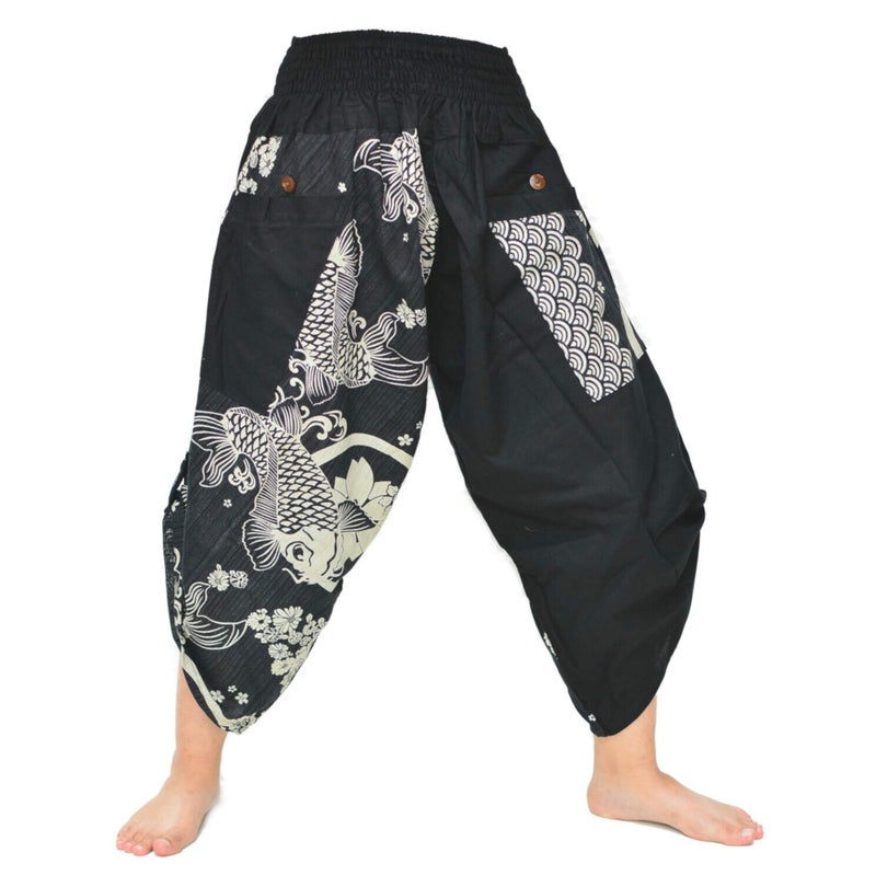 Siamrose Samurai Yoga Harem Pants Men Women Lounge Trousers, One Size, Elastic Waist Black - Image 1
